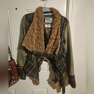 Angles never die plaid green faux fur coat xs